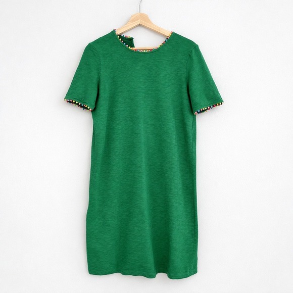 Boden Dresses & Skirts - Boden Green Tshirt Dress Short Sleeves Colored Pom Pom Trim Size 6